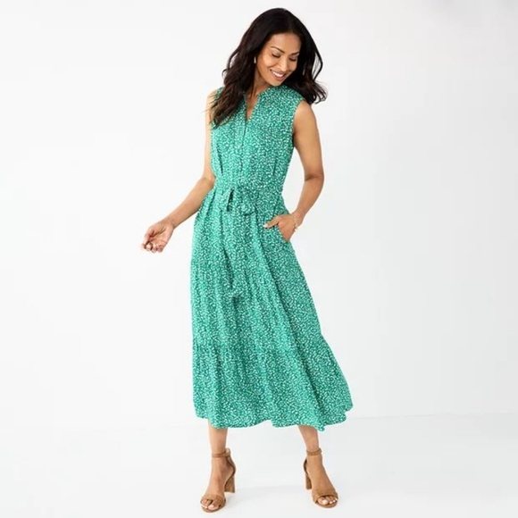 Kelly Green Floral Farmhouse Maxi Dress With Pockets and Belt Women's Size Small - Picture 1 of 11